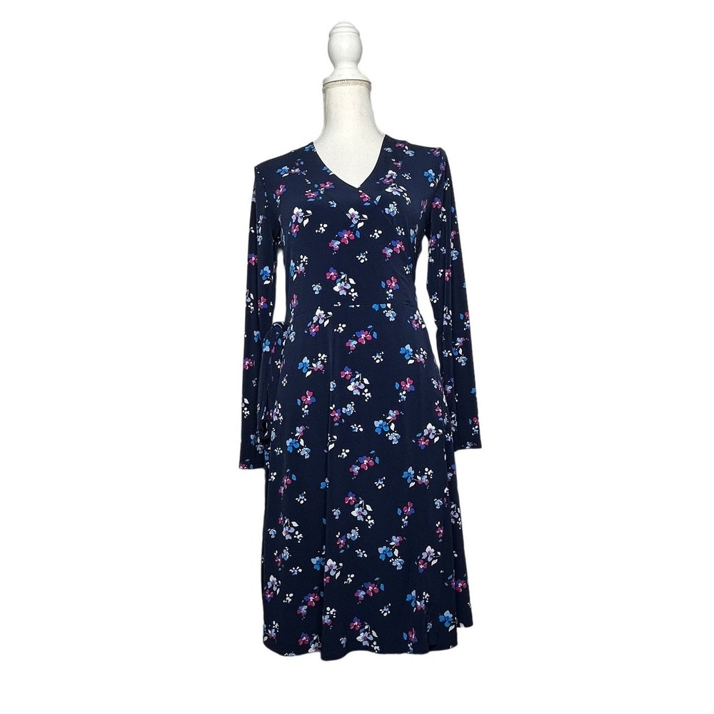 Banana Republic Wrap Floral Long Sleeve Dress Women Navy Blue Size Small